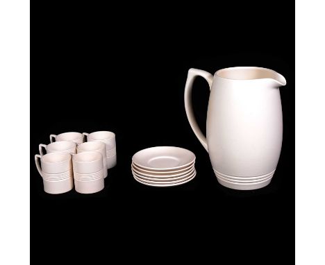 Keith Murray for Wedgwood, a set of six coffee cans and saucers, and a large beer jug (restored), post 1934, the coffee cans 
