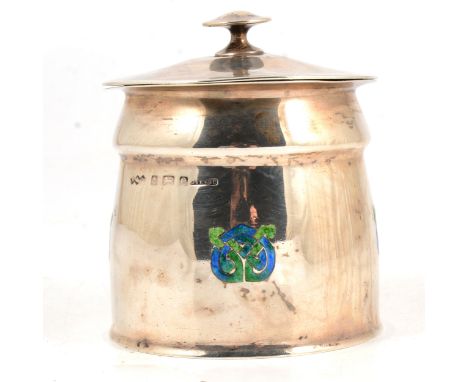 Archibald Knox for Liberty &amp; Co, a Cymric silver and enamel tea caddy, Birmingham 1904, the shaped body inset with four e