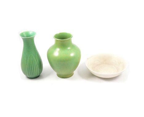 Pilkington's Royal Lancastrian - three matt glazed items, including a bug vase, mottled green glaze, shape 2824, 23cm; a balu