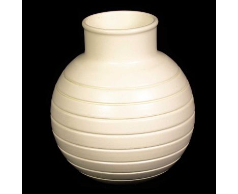 Keith Murray for Wedgwood, a globe vase, post 1932, shape 4197, Moonstone glaze, ovoid form ribbed body with collar, facsimil