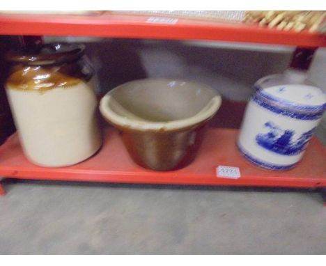 A stoneware flask, a stoneware bowl and a blue and white lidded jar.Bowl has No visible damage. Rim diameter 21.5cm, height 1