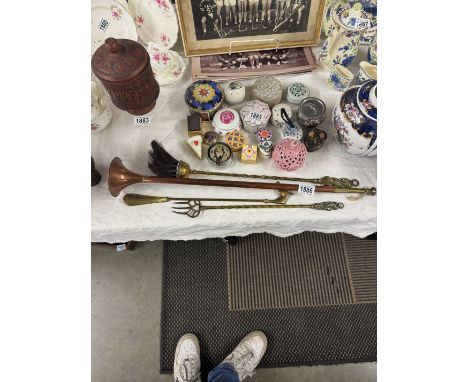 A copper post horn, toasting fork, shoe horn etc