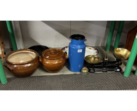 A mixed lot including stoneware pots, large platter, scales etc