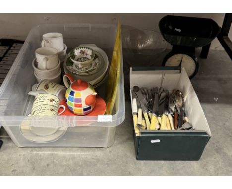 A mixed lot including tea ware, cutlery, scales etc