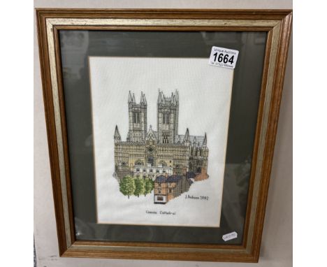 A framed &amp; glazed Lincoln Cathedral embroidery (J Robson 1992)