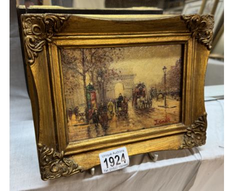 A small gilt framed overpainted print of early London street scene showing marble arch. 23.5 x 18.5cm