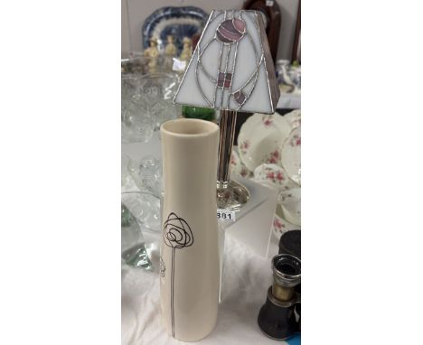 A Mackintosh inspired leaded glass on silver plate candle lamp and a hand painted vase