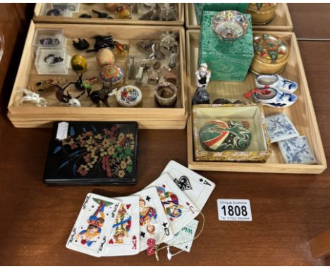 A good mixed lot including glass animals, ceramic shoes, a small Chinese bowl etc