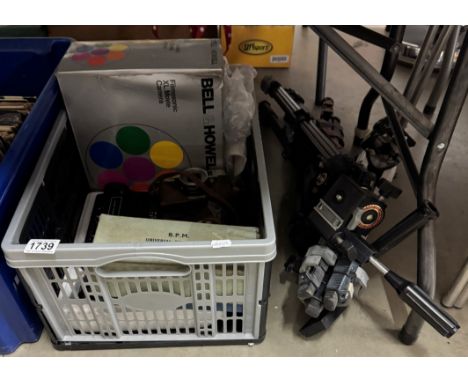 A boxed Bell-Howell Filmsonic XL movie camera, A Mamiya 35mm Film camera, A universal bellows unit &amp; 3 modern camera trip
