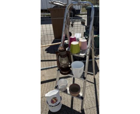 A quantity of pots and a step ladder