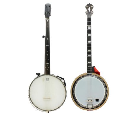 Fretless five string banjo with old neck and contemporary rim; together with a contemporary plectrum zither type banjo (2) 