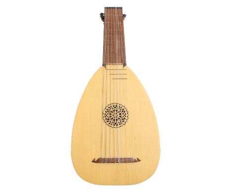 Good contemporary lute, unlabelled, the bowl back with eleven alternating wooden ribs, within original bespoke fitted hard ca