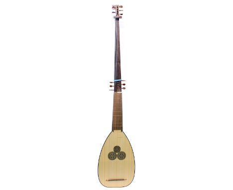 Good contemporary fourteen string theorbo lute,&nbsp;unlabelled, with multi-section bowl back, spruce top with three fret car