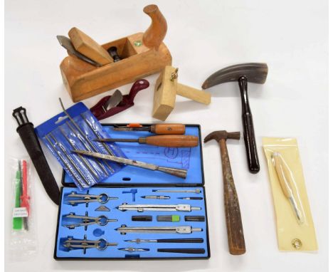 Box of various instrument making tools&nbsp;including, planes, files and hammers; also a cased set of drawing instruments 
