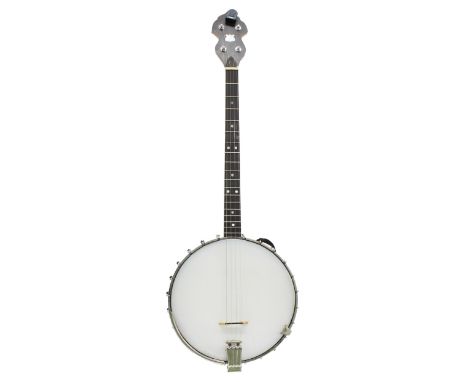 Tenor banjo inscribed 'The Clifford Essex Sharpe, Norfolk, UK, D66D' to the inner tone ring, with 11" skin and 22.75" scale, 