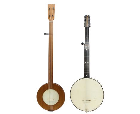 Seven string open back fretless banjo inscribed J.Viner, Maker to the heel edge, with 12" skin and 26" scale, soft bag; toget