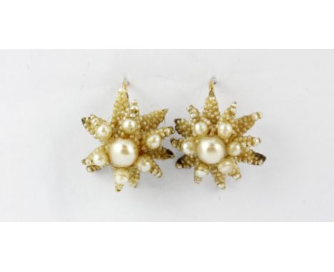 A pair of Victorian yellow metal embroidered pearl earrings, L. 1.6cm.