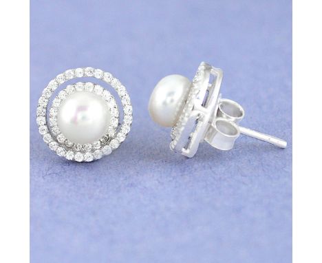 A pair of 925 silver pearl and white stone set halo earrings, Dia. 1.1cm.