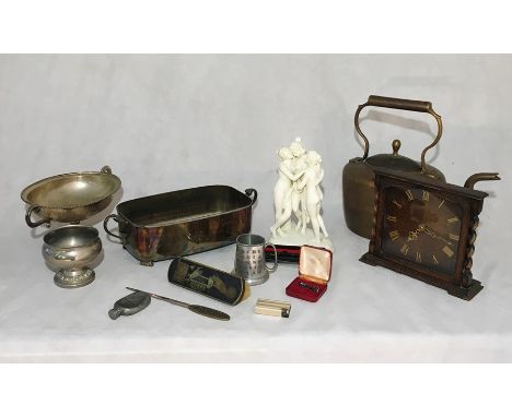An assortment of items including a Smiths mantle clock, silver plated items, tie pin, copper kettle etc
