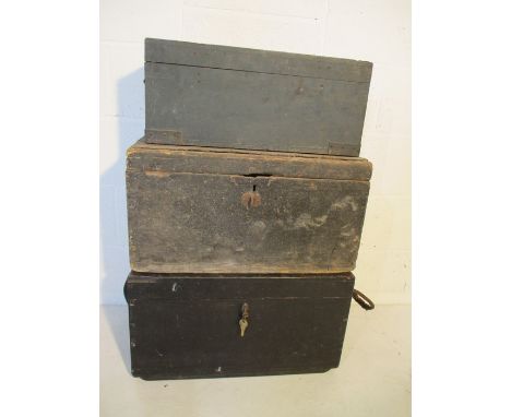 Three vintage tool trunks containing some tools.