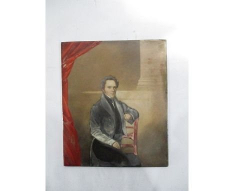 A porcelain tile depicting a portrait of seated gentleman - Overall size 25cm x 20.5cm