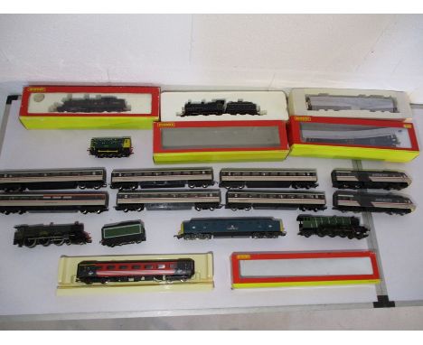 A collection of double OO gauge model railway including Hornby Intercity two engines and rolling stock, Bachmann Freightliner