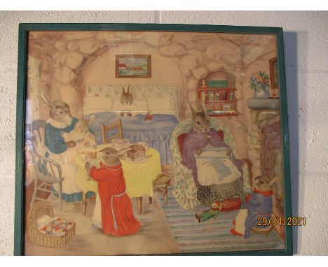 A framed print depicting a whimsical scene of Rabbits at home entitled "Bedtime"  by Margaret Ross