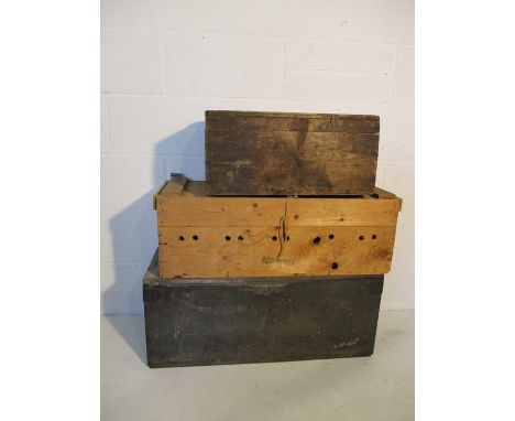 Three vintage tool trunks containing some tools