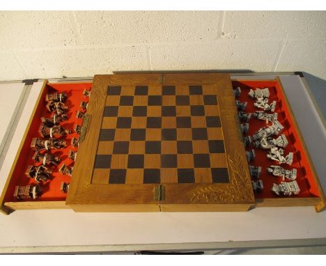 A wooden chess set with Oriental style pieces