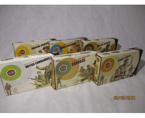A collection of six boxed sets of 1:32 scale soldiers by Airfix including American Infantry, Russian Infantry, Ghurkas, Afrik