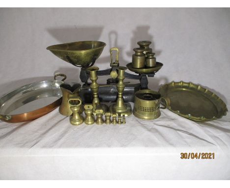A set of Libra scales, plus various brass items
