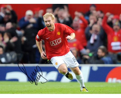 Autographed PAUL SCHOLES 16 x 12 photo : Col, depicting Manchester United's PAUL SCHOLES running away in celebration after sc