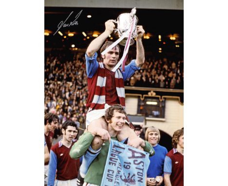 Autographed IAN ROSS 16 x 12 photo : Col, depicting Aston Villa captain IAN ROSS holding aloft the League Cup from the should