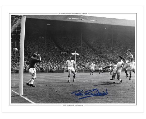 Autographed PETER McPARLAND 16 x 12 photo-edition : B/W, depicting Aston Villa centre-forward PETER McPARLAND scores his seco