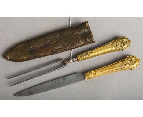 2-teiliges Besteck (18. Jh.), bestehend aus: 1x Messer, einschneidig (auf Klingegestempelt) u. 1x zweizinkige Gabel (wie heut