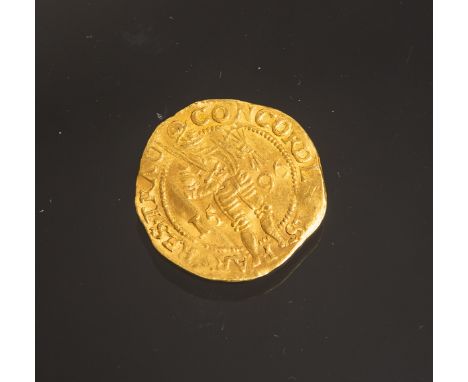 Golddukat (Utrecht, Niederlande, 1596), gepanzerter Ritter m. Schwert und Pfeilbündel,teilt das Datum, Beschriftung, rs. 5 Ze