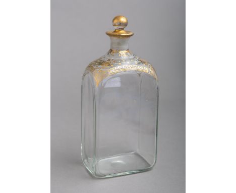 Flasche / Flakon (18. Jh.), Glas (mundgeblasen), Abriss geschliffen, rechteckige Form, m.orig. Stöpsel, teils m. Goldmalerei,