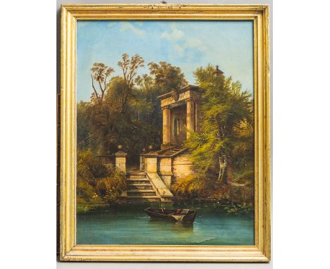 Künstler/in unbekannt (19. Jh.), Romantische Seenlandschaft, Öl/Lw., Darst. einer romant.Seenlandsch. m. Kahn v. einem Treppe