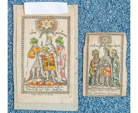 Zwei Kupferstiche (wohl Mittelalter), teils m. Goldfolie unterlegt, Darst. Caspar,Melchior u. Balthasar, bez. " O! Segens-Ste