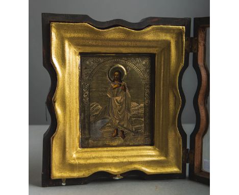Ikone (Russland, 19. Jh.), Darst.: Jesus m. Hirtenstab, Malerei m. aufgelegter Rissa (wohlvergold. Silberblech), fein gravier