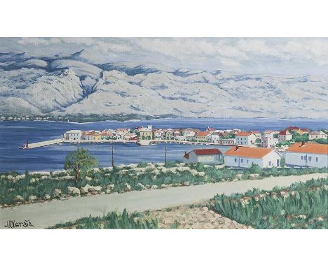 Versic, M. (20. Jh.), Ansicht von Vinjerac, Öl/Sperrholz, re. u. sign., rs. m. Widmung(kroatisch) "An Herrn Ewald zum 20-jähr