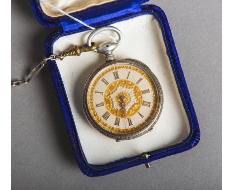 Taschenuhr mit Schlüsselaufzug, Metall versilbert, Zifferblatt m. röm. Ziffern inGolddekor, "Besancon Bisontine Horlogerie A.