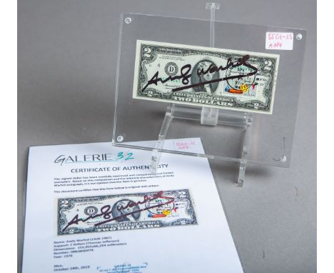 Warhol, Andy (1928 - 1987), "2 USD (Thomas Jefferson)" (1976), vs. handsign. m.Briefmarke, rs. m. Stempel, Seriennr. "D063850