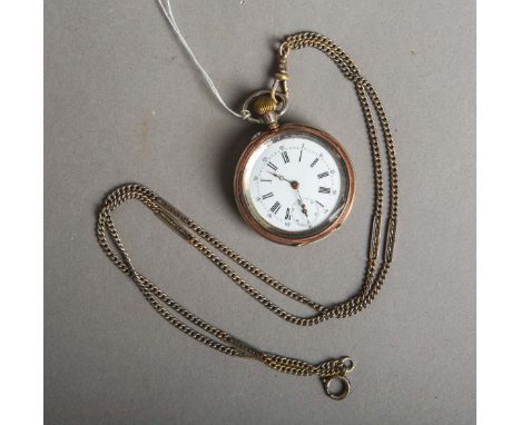 Taschenuhr (um 1900), Silber, teils rosévergoldet, weißes Emailzifferblatt m. schw. röm.Ziffern, kl. Sekunde, an Uhrenkette (