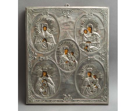 Ikone (wohl Russland, 19./20. Jh.), silberfarbenes Metallblech, 5 Medaillons m. Mariendarst., aufHolzplatte, Gr. ca. 50 x 42,