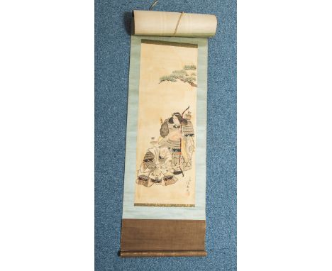 Rollbild (Japan, wohl 19. Jh.), Tuschemalerei/Papier/Seide, Darst. zweier Samurai m.Bögen, sign., Gr. ca. 85 x 30,5 cm (Bilda