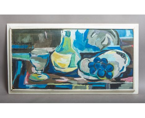 Signiert "K. Hoffmann" (20. Jh.), Abstraktes Stillleben (1952), Öl/Holzplatte, li. o.sign. u. dat., Gr. ca. 45 x 91 cm, gerah
