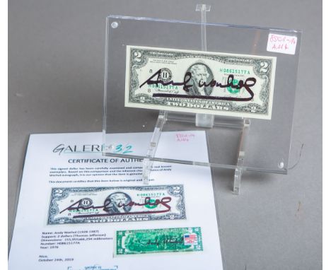 Warhol, Andy (1928 - 1987), "2 USD (Thomas Jefferson)" (1976), vs. handsign. m.Briefmarke, rs. m. Stempel, Seriennr. "H086151