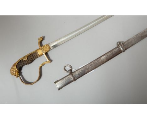 Löwenkopfsäbel der Artillerie für Offiziere (Kaiserzeit), ausgepr. Messinggefäß m. orig.Vergoldung, Löwenkopf m. roten Glasau