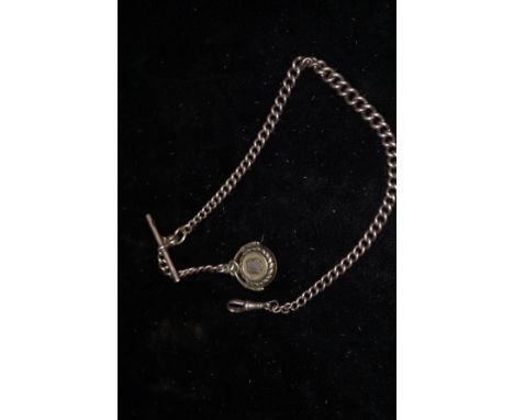 Silver Albert Chain with T-Bar and Compass Fob. Weight 45 grams, Length 42cm 